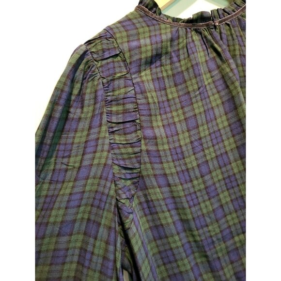 New Blue Green Plaid Lightweight Long Puff Sleeve Relaxed Fit Top Sz L - Picture 3 of 8